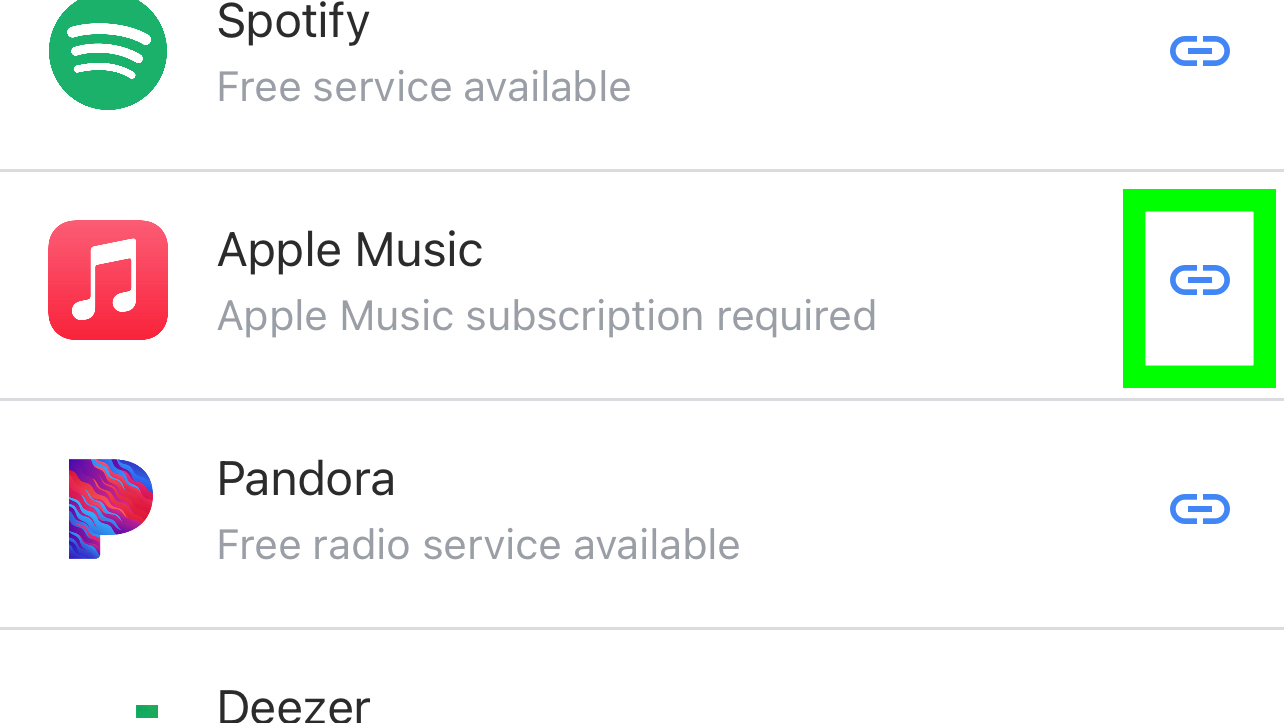a green box indicates Tap Apple Music's link button