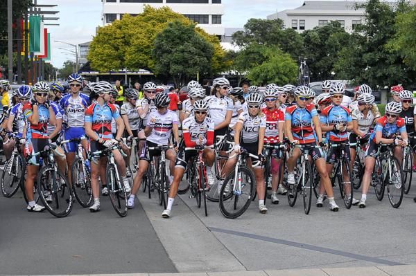 The riders line up at the start