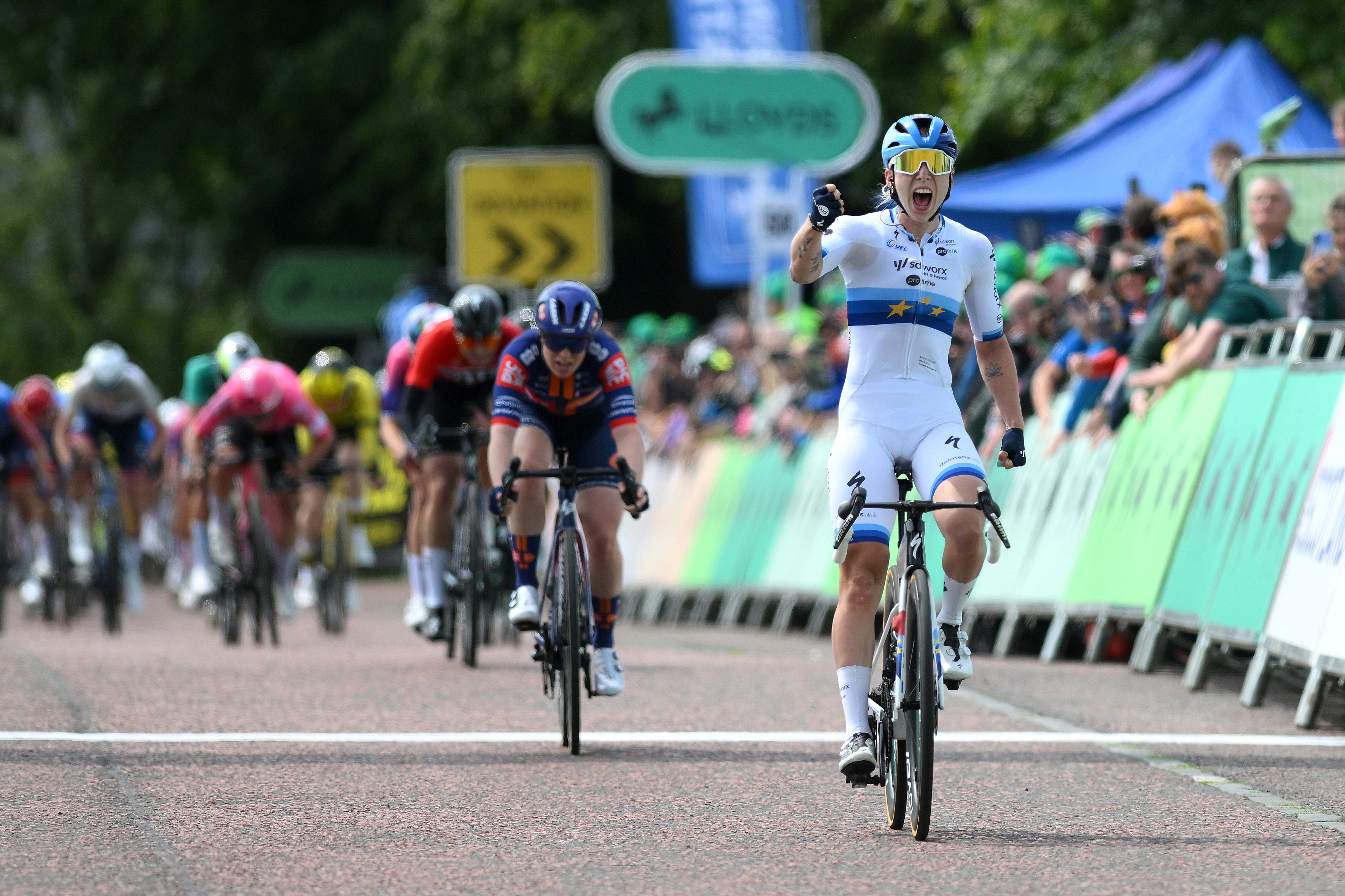 GLASGOW, SCOTLAND - JUNE 08: Lorena Wiebes of Netherlands and Team SD Worx - Protime celebrates at finish line as stage winner during the 10th Tour of Britain Women 2025, Stage 4 a 82.2km stage from Glasgow to Glasgow / #UCIWWT / on June 08, 2025 in Glasgow, Scotland. (Photo by Alex Broadway/Getty Images)