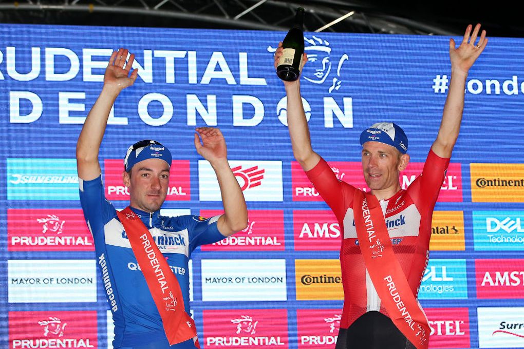 Elia Viviani and Deceuninck-QuickStep teammate Michael Morkov on the RideLondon podium after finishing first and third