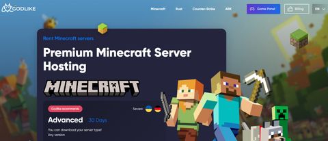 Godlike Minecraft server hosting website homepage