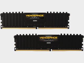 Two sticks of Corsair Vengeance LPX 16GB DDR4-3200 on a grey background