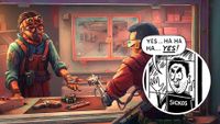 Image from a shopkeeping sim with the Onion sickos guy leering at it through a window saying Yes ha ha ha Yes!