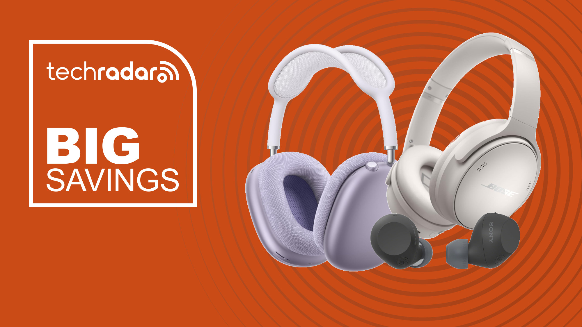 Apple AirPods Max, Bose QuietComfort Headphones and Sony Earbuds on an orange background