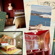 a collage of four images, three depicting hotel rooms and one depicting a sea view