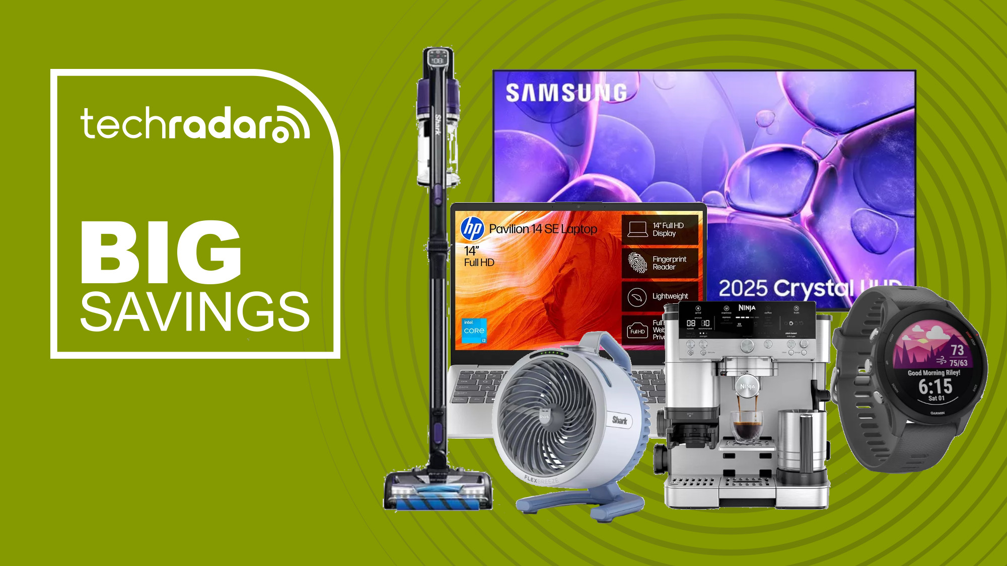 Collage of tech from the Currys Epic Deals sale, including Samsung TV, Shark Vacuum, HP laptop, Garmin smartwatch, Ninja coffee maker and Shark Fan