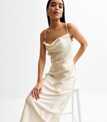 Cream Corsage Applique Satin Midi Dress