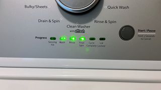 Whirlpool WTW4957PW 3.8 Cu. Ft. High Efficiency Top Load Washer being tested in writer's home