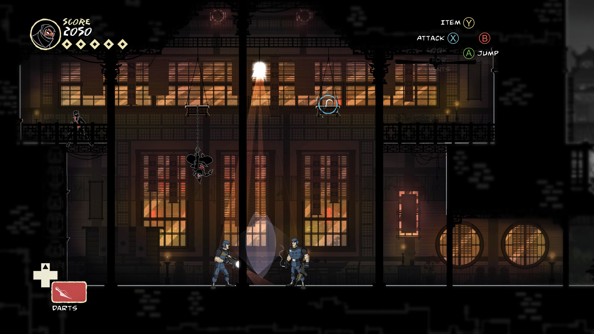 A screenshot of a Ninja hanging from a wall while two guards walk around during one of the best stealth games, Mark of the Ninja.