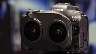 The RF 5.2mm f/2.8L dual fisheye lens on a Canon EOS R5 camera