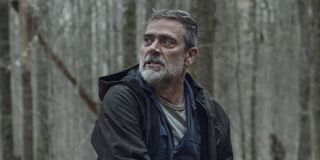 jeffrey dean morgan's negan angry in the woods on the walking dead season 11