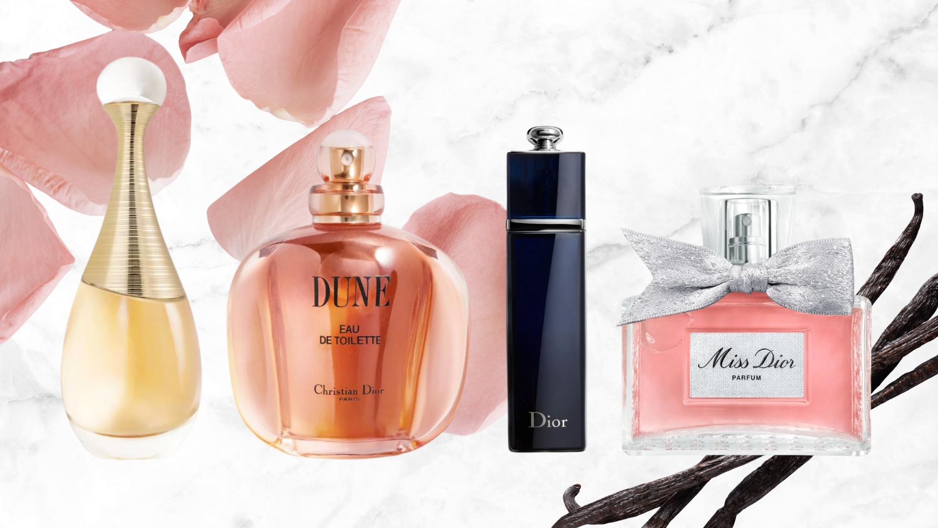 A collage featuring four of the best Dior Perfumes including J'Adore, Dune, Addict and Miss Dior, on a white and grey marbled template with flower petals and vanilla pods to demonstrate perfume notes.