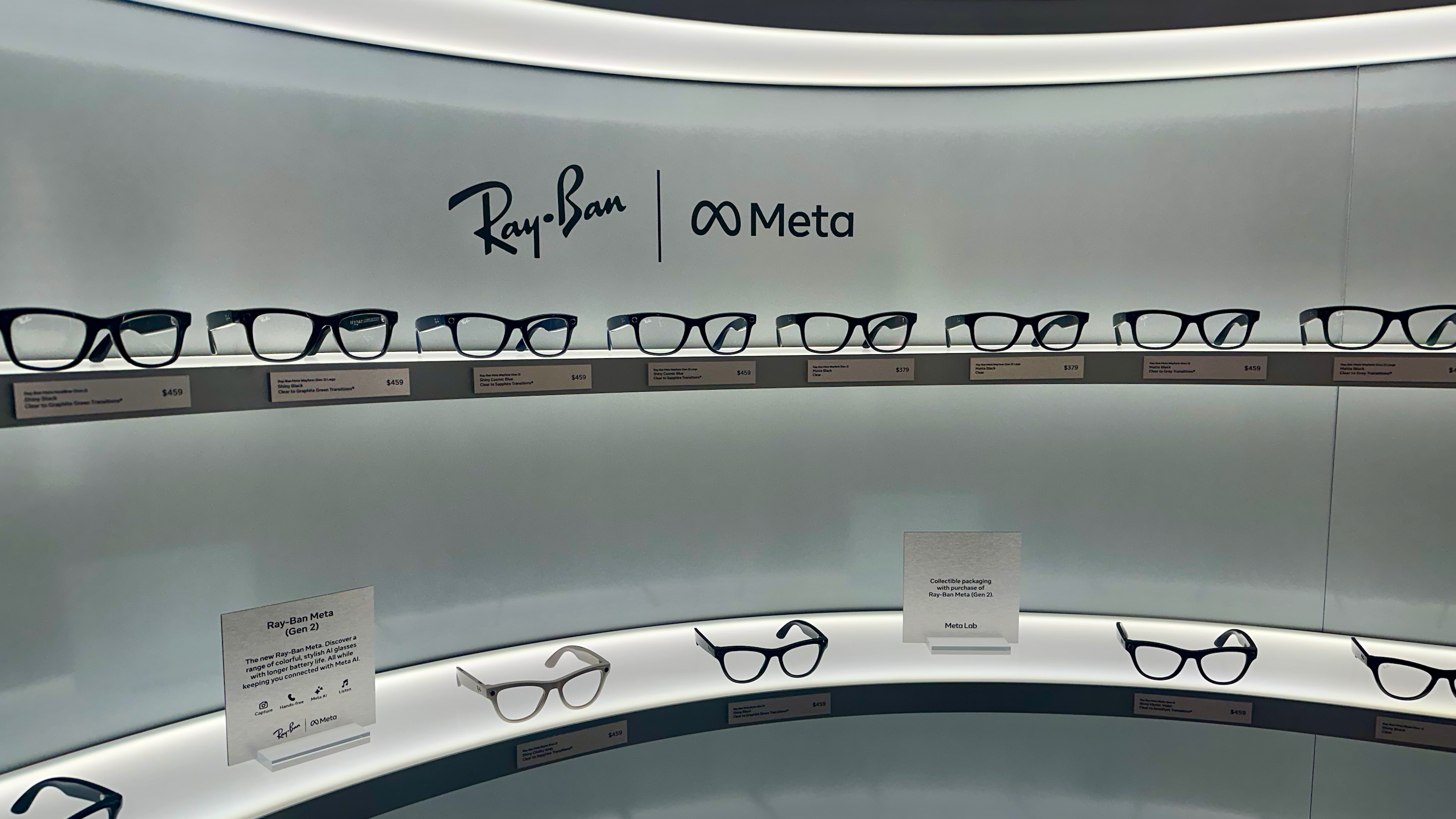 A display of Ray-Ban Meta (Gen 2) glasses in various styles.