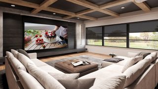 The new massive indoor Solo 3 projection screen from Screen Innovations in use in a plush home theater.
