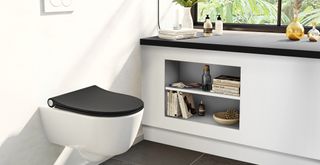 black toilet seat cover in modern bathroom space