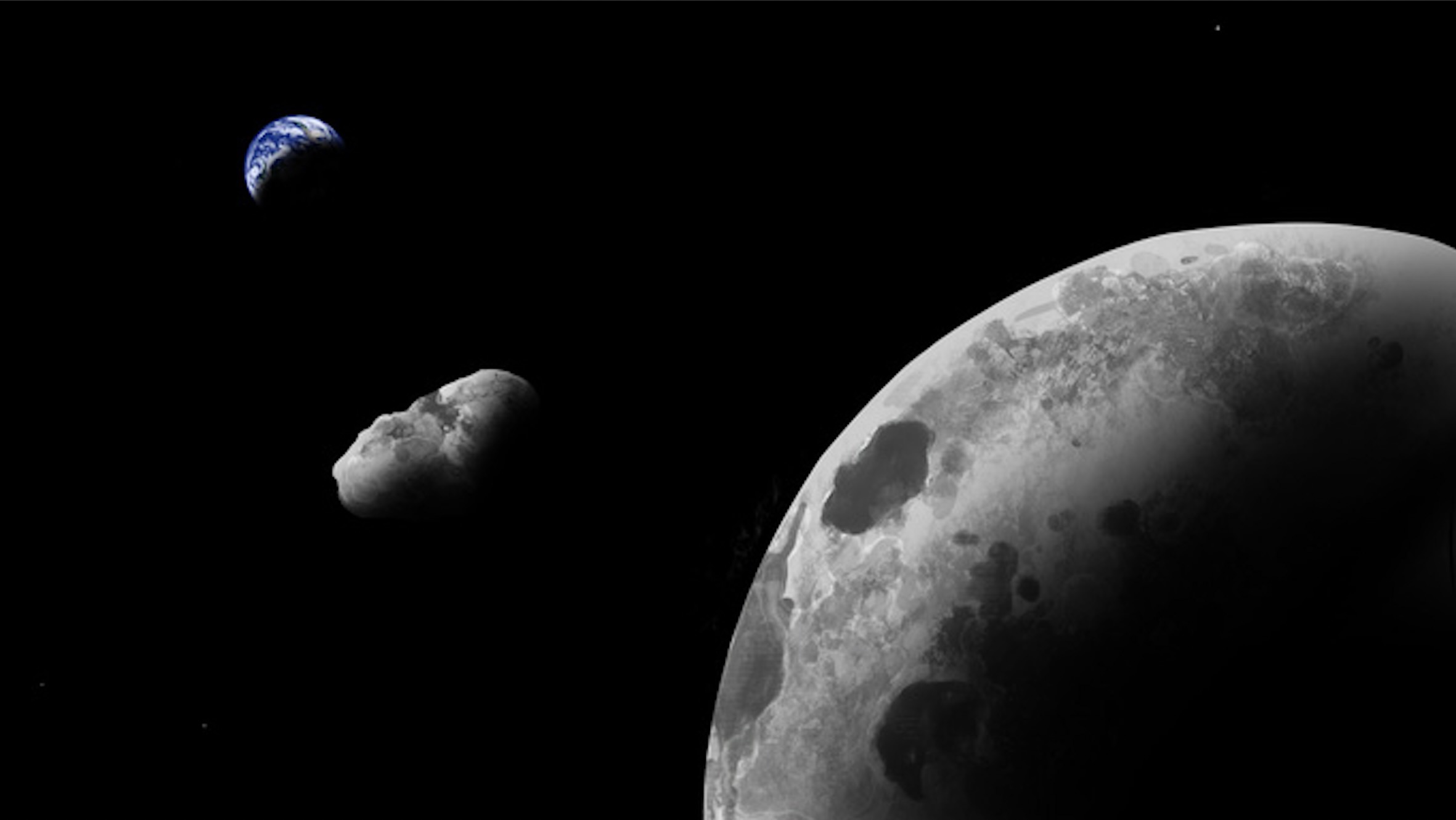 illustration of the moon in the foreground, with a small asteroid and the distant earth also visible