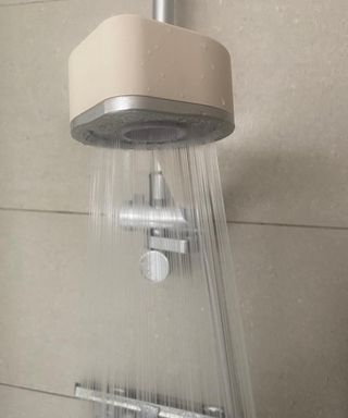 Christina Chrysostomou demonstrating flow of water with Hello Klean Showerhead