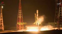 A Russian Soyuz rocket launches the Progress 95 cargo ship toward the International Space Station on April 25, 2026.