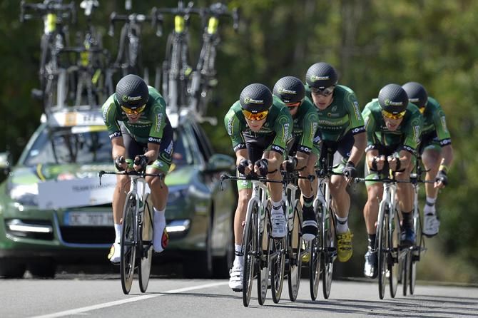 A Team Europcar rider swings off the front