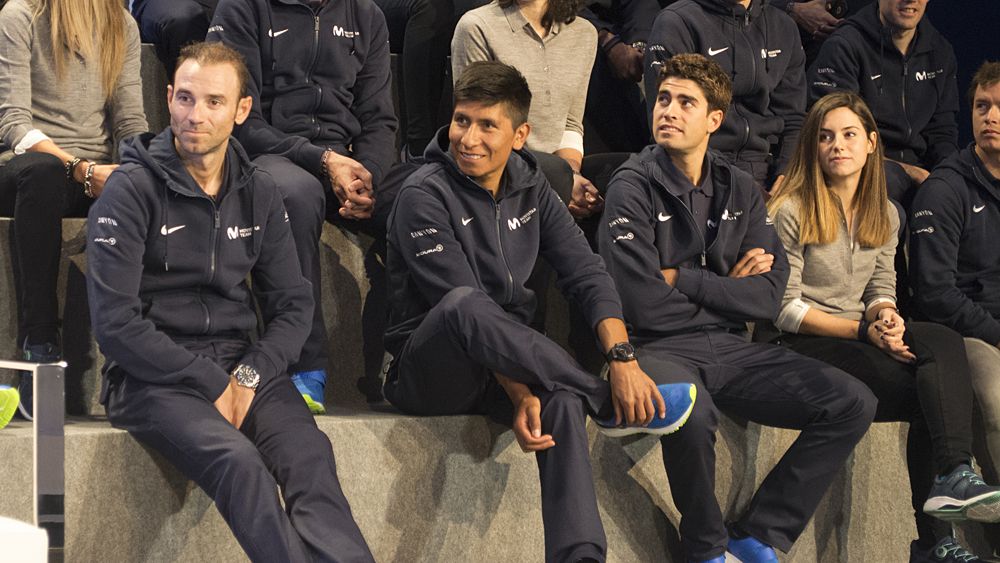 Nairo Quintana, Mikel Landa and Alejandro Valverde on stage as Movistar's new UCI women's team is presented