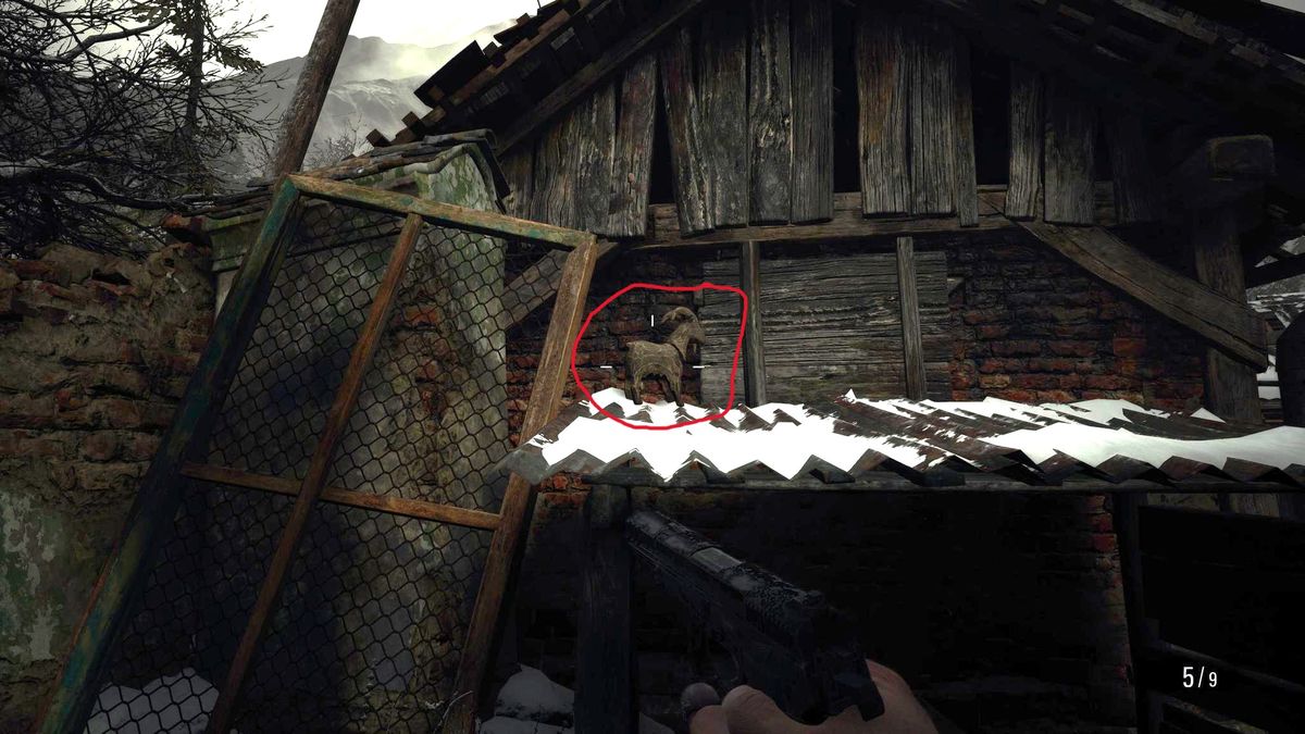 Edited in-game screenshot of a Goat of Warding in Resident Evil Village
