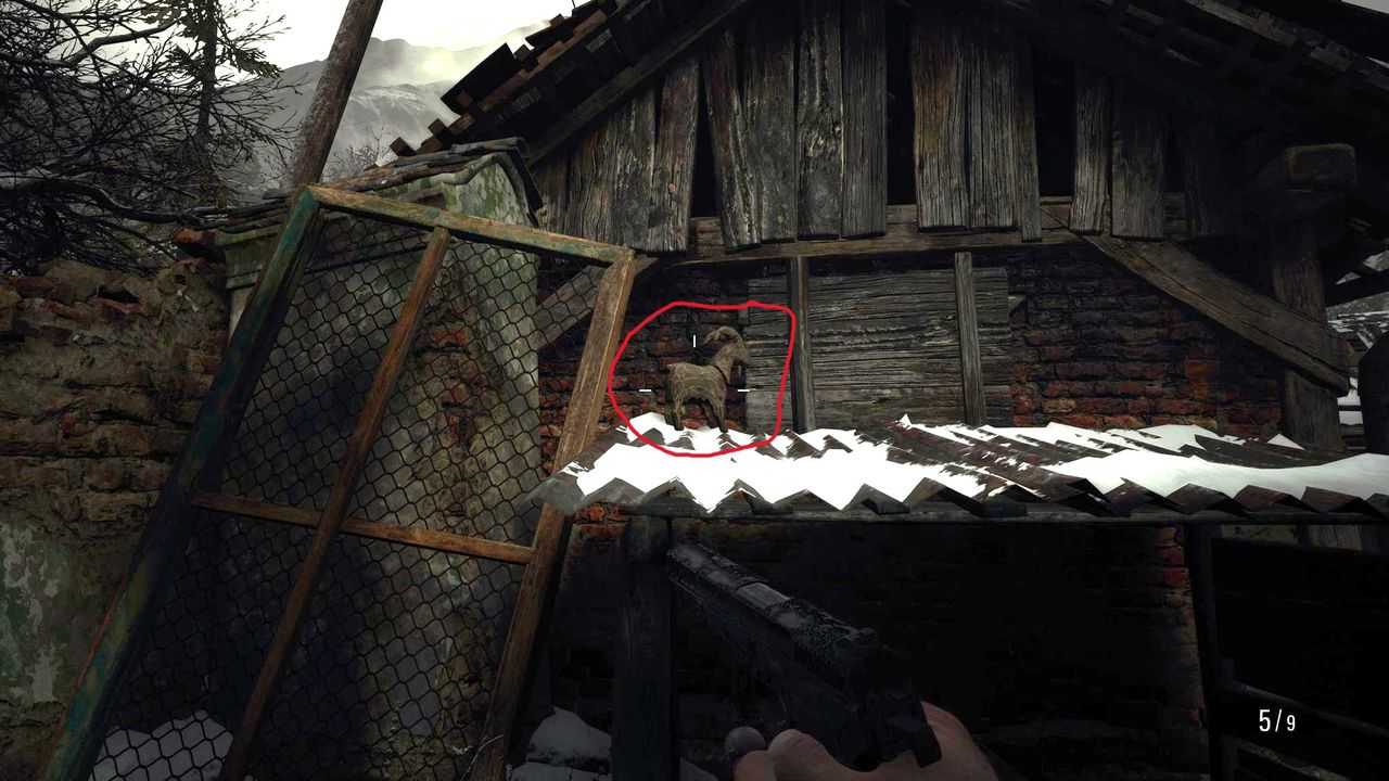 Edited in-game screenshot of a Goat of Warding in Resident Evil Village