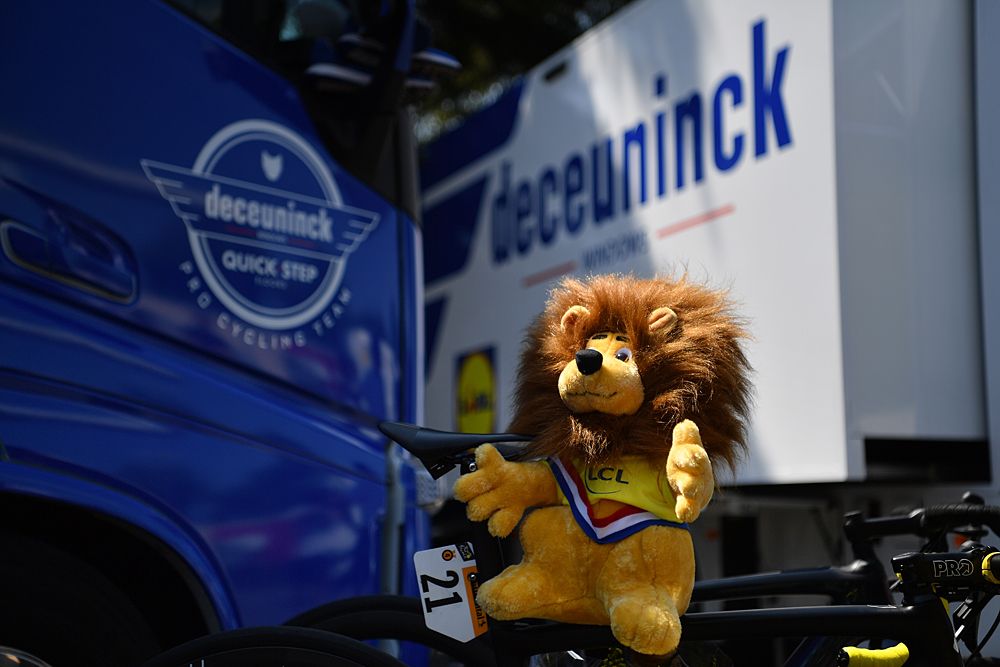 One of Julian Alaphilippe's toy lions outside the Deceuninck-QuickStep camp on the second rest day at the Tour de France