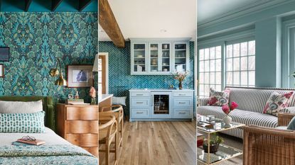 teal bedroom, teal kitchen, teal living room