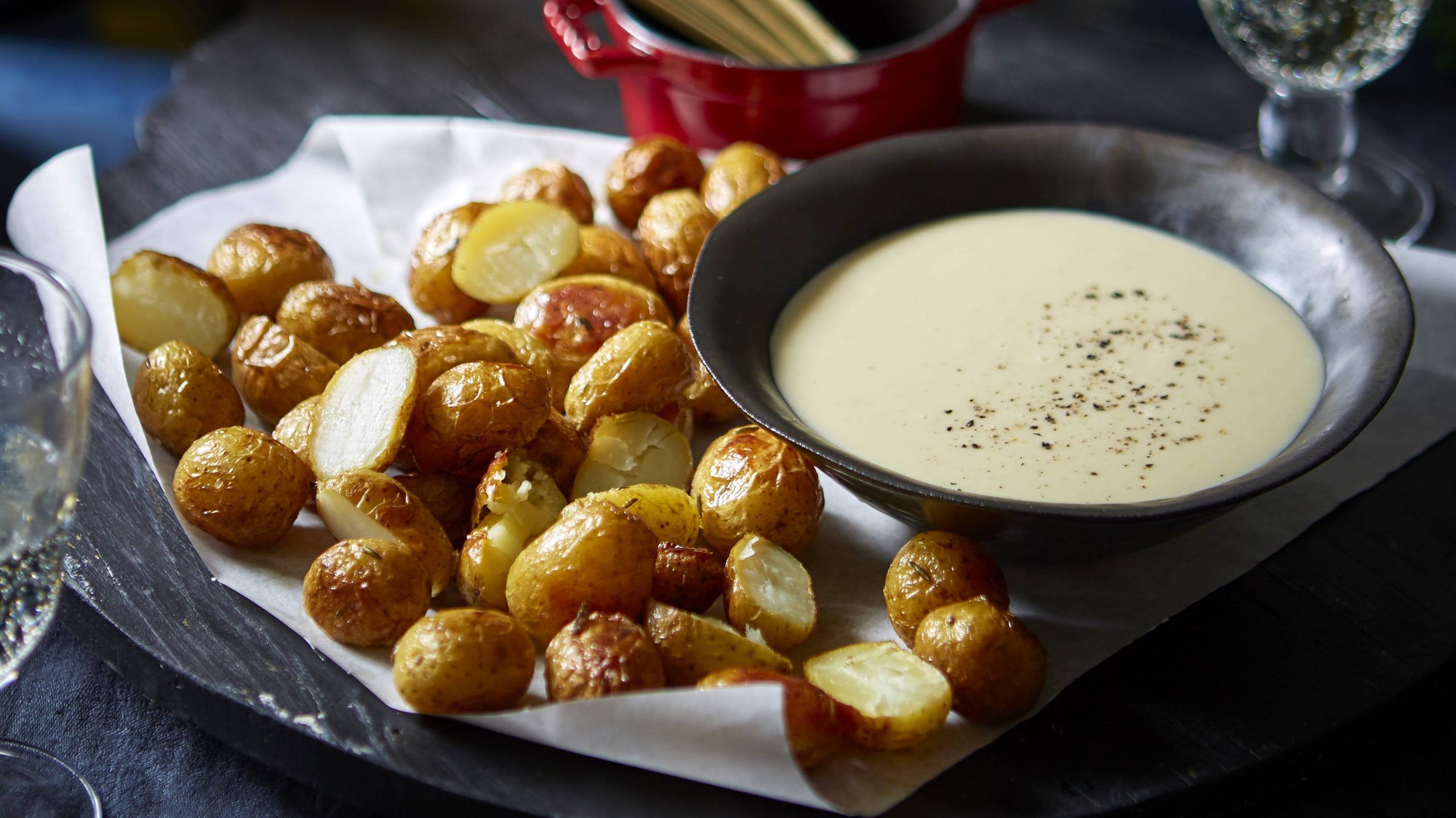 Mini roast potatoes with cheese fondue recipe