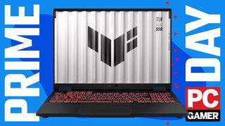 An Asus TUF Gaming A16 gaming laptop on a blue and red Prime Day background with the PC Gamer logo in the bottom right