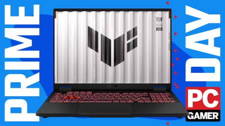 An Asus TUF Gaming A16 gaming laptop on a blue and red Prime Day background with the PC Gamer logo in the bottom right