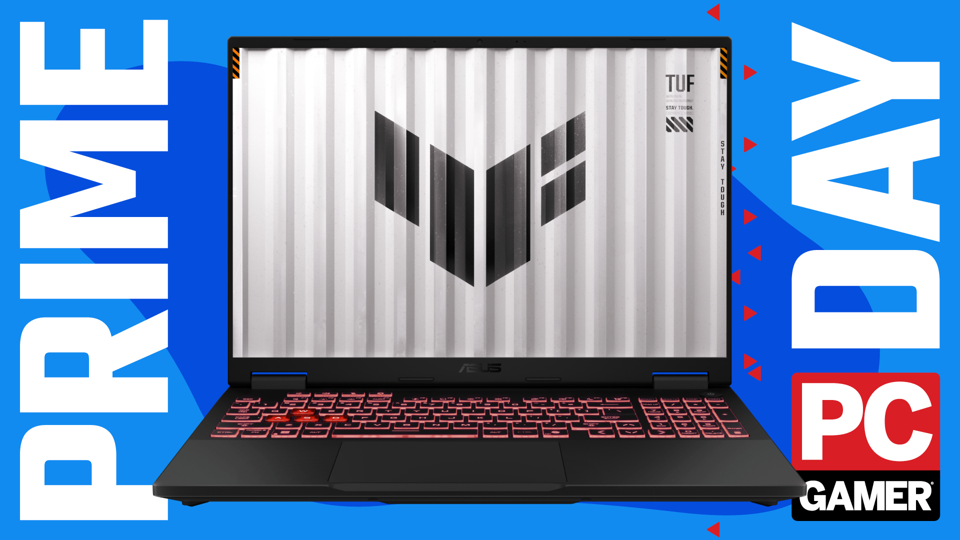 An Asus TUF Gaming A16 gaming laptop on a blue and red Prime Day background with the PC Gamer logo in the bottom right