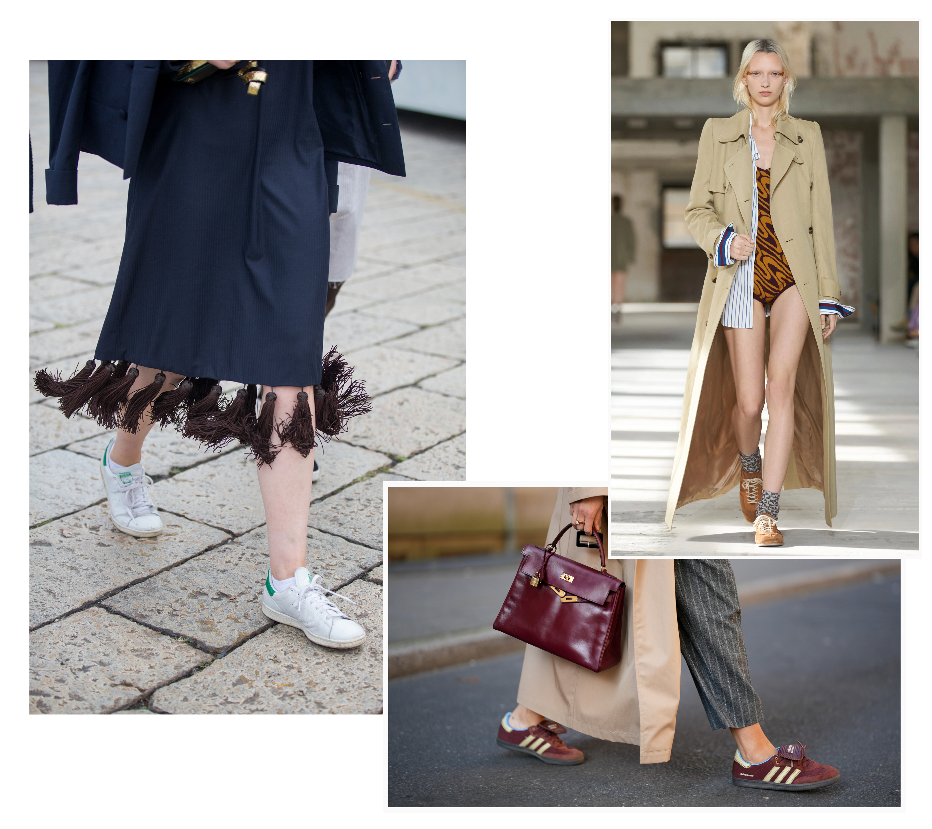A woman wearing white adidas stan smith sneakers, a woman wearing red adidas wales bonner samba sneakers, and a woman walking Dries Van Noten Spring 2024 runway show in brown suede sneakers
