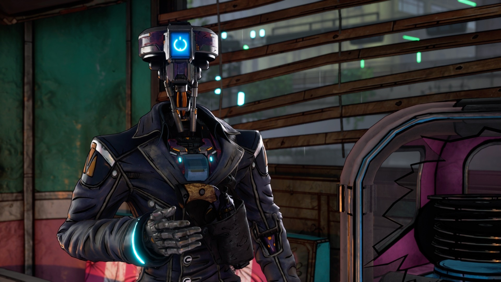 Still from the video game New Tales from the Borderlands. A humanoid robot is wearing a smart blue jacket and has a gun and gun holster strapped to their chest.