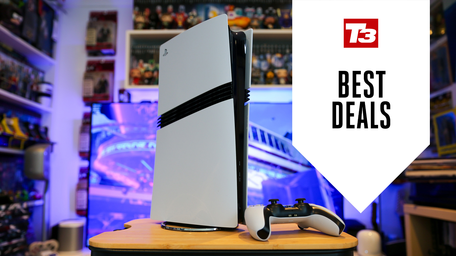 PS5 pro on a stand in a well lit room and T3's Best Deals logo