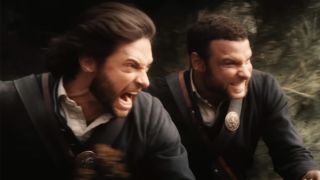 Hugh Jackman and Liev Schreiber both grimacing in X-Men Origins: Wolverine