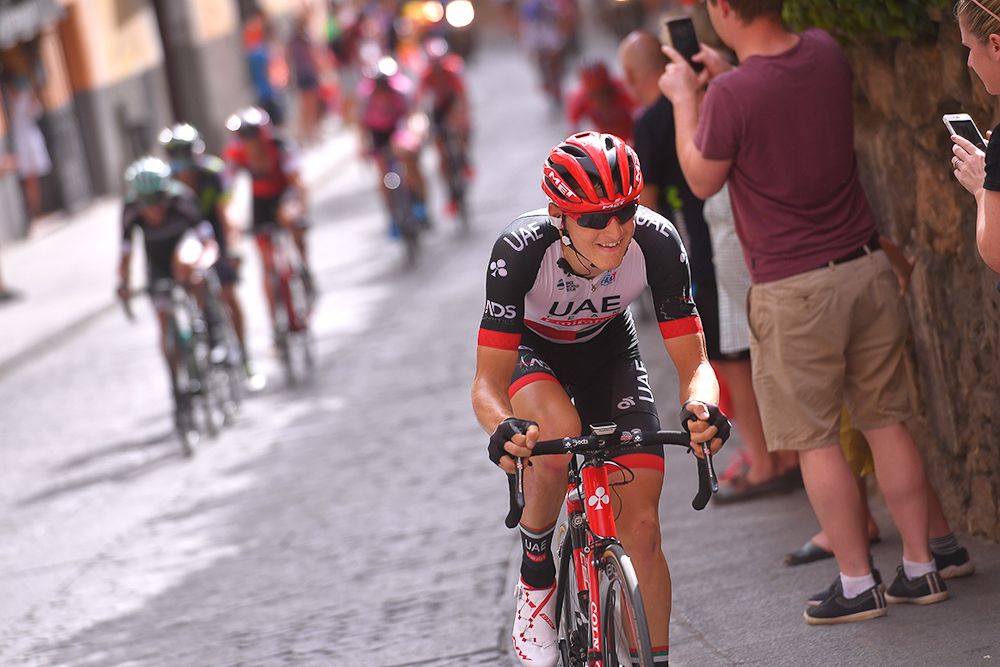 Matej Mohoric (UAE Team Emirates) leaves his breakaway companions behind during stage 7 at the Vuelta