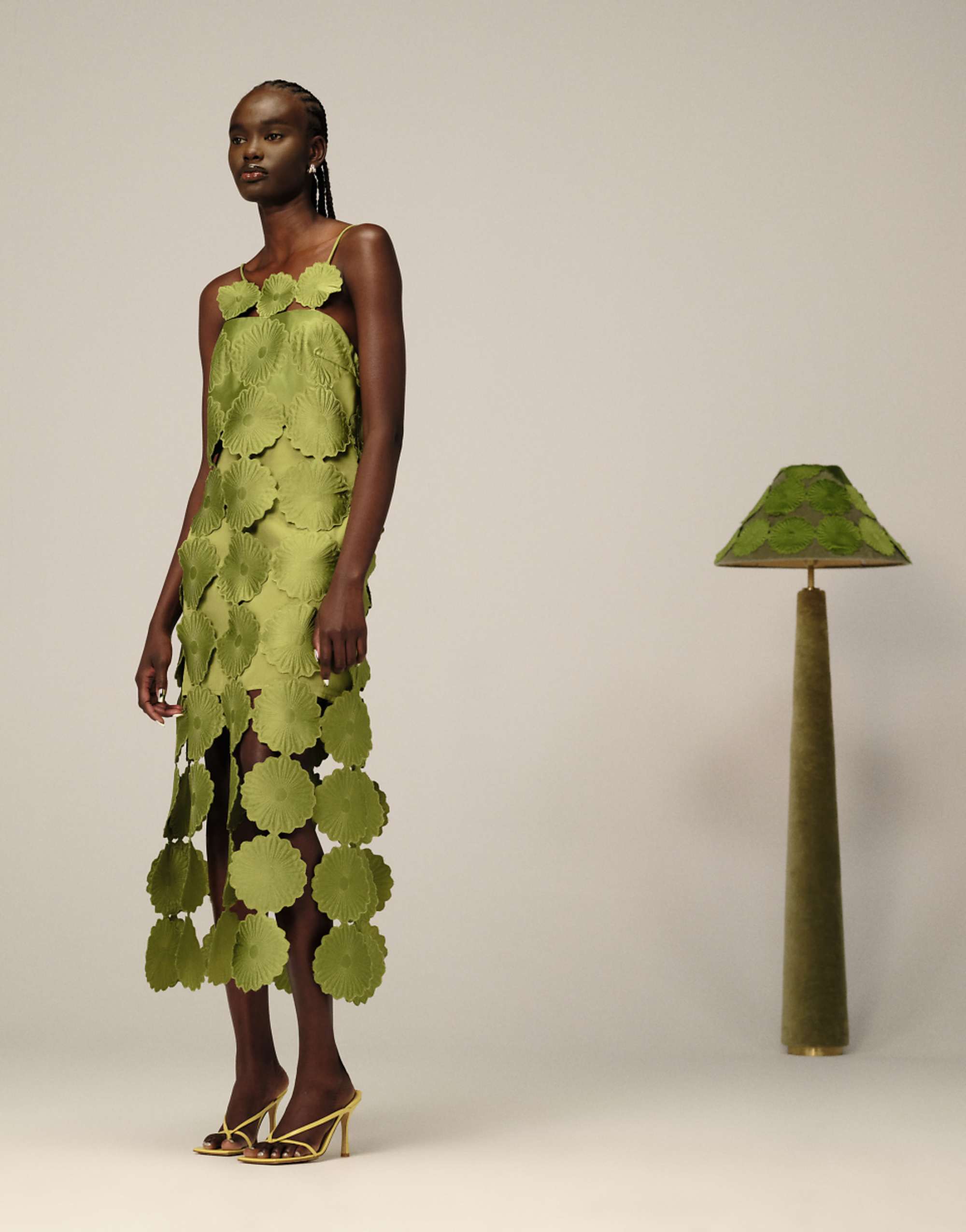 Arrange Cutwork Floral Midi Dress With Fringe Hem in Olive Green