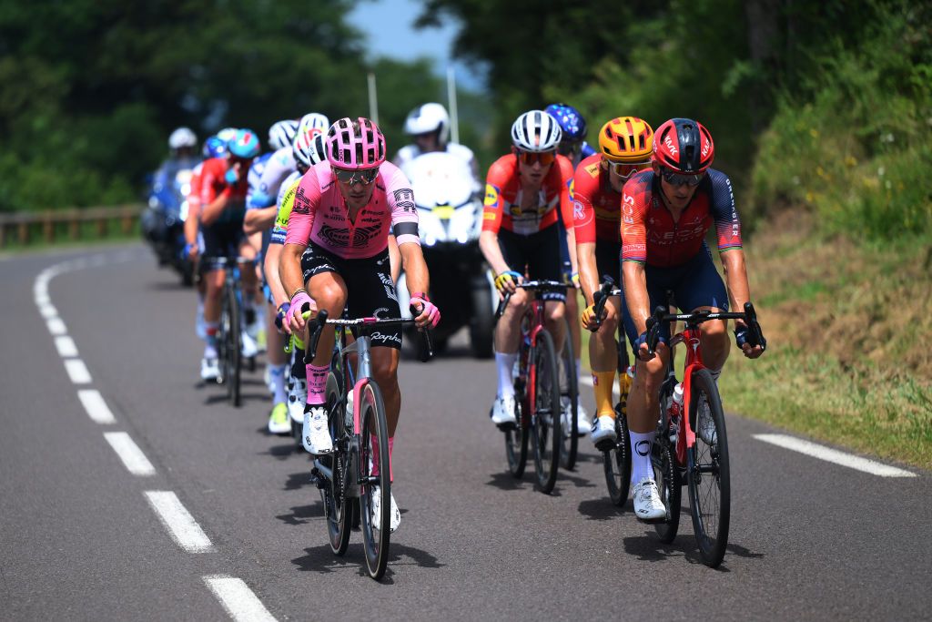 ISSOIRE FRANCE JULY 11 LR Alberto Bettiol of Italy and Team EF EducationEasyPost and Michal Kwiatkowski of Poland and Team INEOS Grenadiers compete in the breakaway during the stage ten of the 110th Tour de France 2023 a 1672km stage from Vulcania to Issoire UCIWT on July 11 2023 in Issoire France Photo by David RamosGetty Images