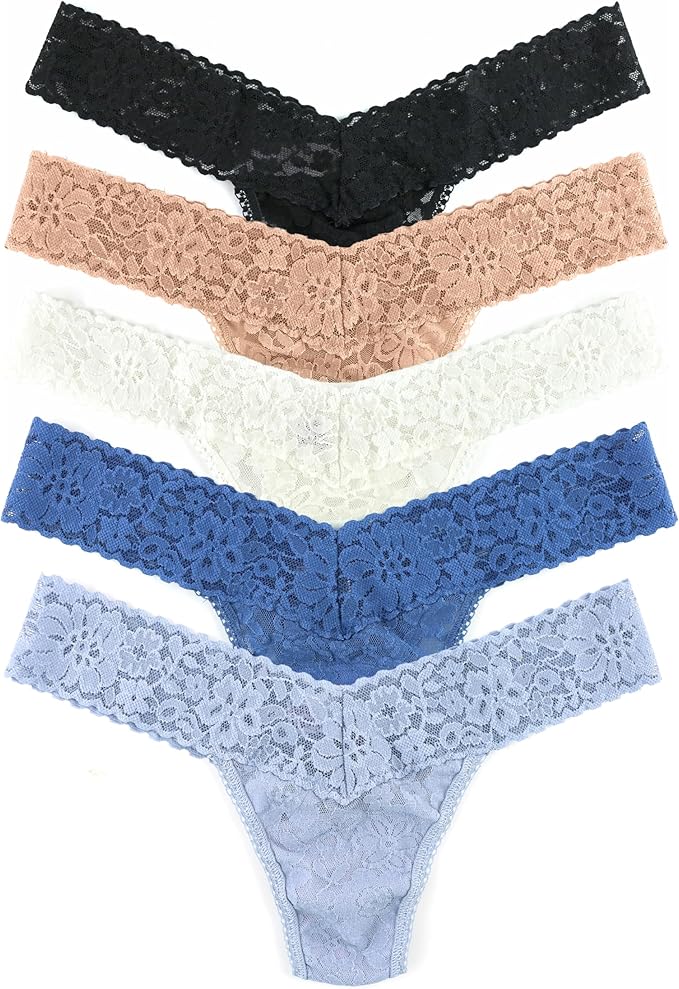 hanky panky, Hanky Panky - Daily Lace Low Rise Thongs for Women | Lacy Panties, Soft Cotton Blend Underwear, Comfortable Lingerie | One Size (2-12) | Black/taupe/marshmallow/stormcloud Blue/grey Mist | 5 Pack