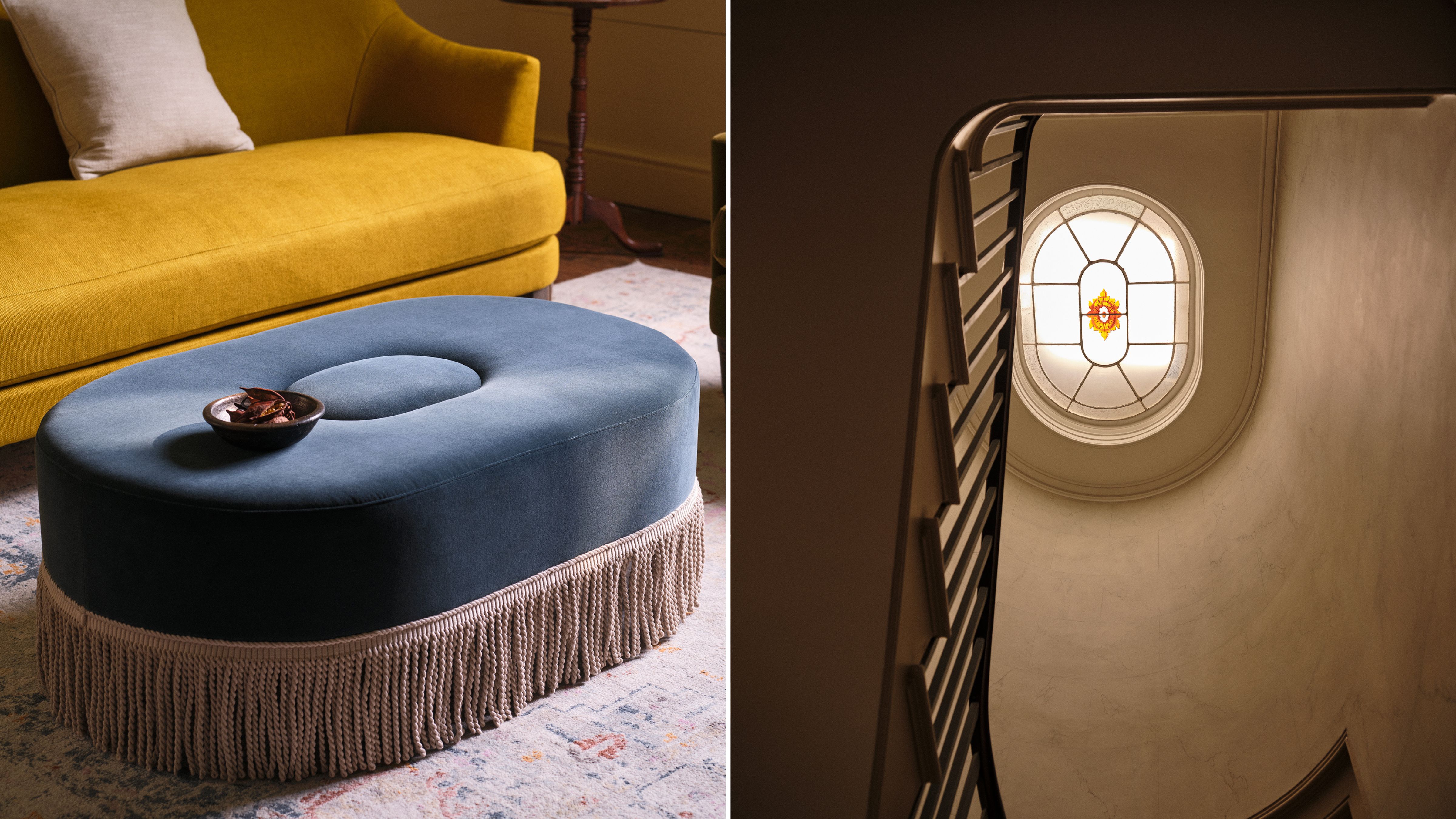 Love Your Home x Turner's House fringe-bordered footstool pictured side-by-side Sandycombe Lodge's distinctive glass ceiling light above the main staircase that inspired it