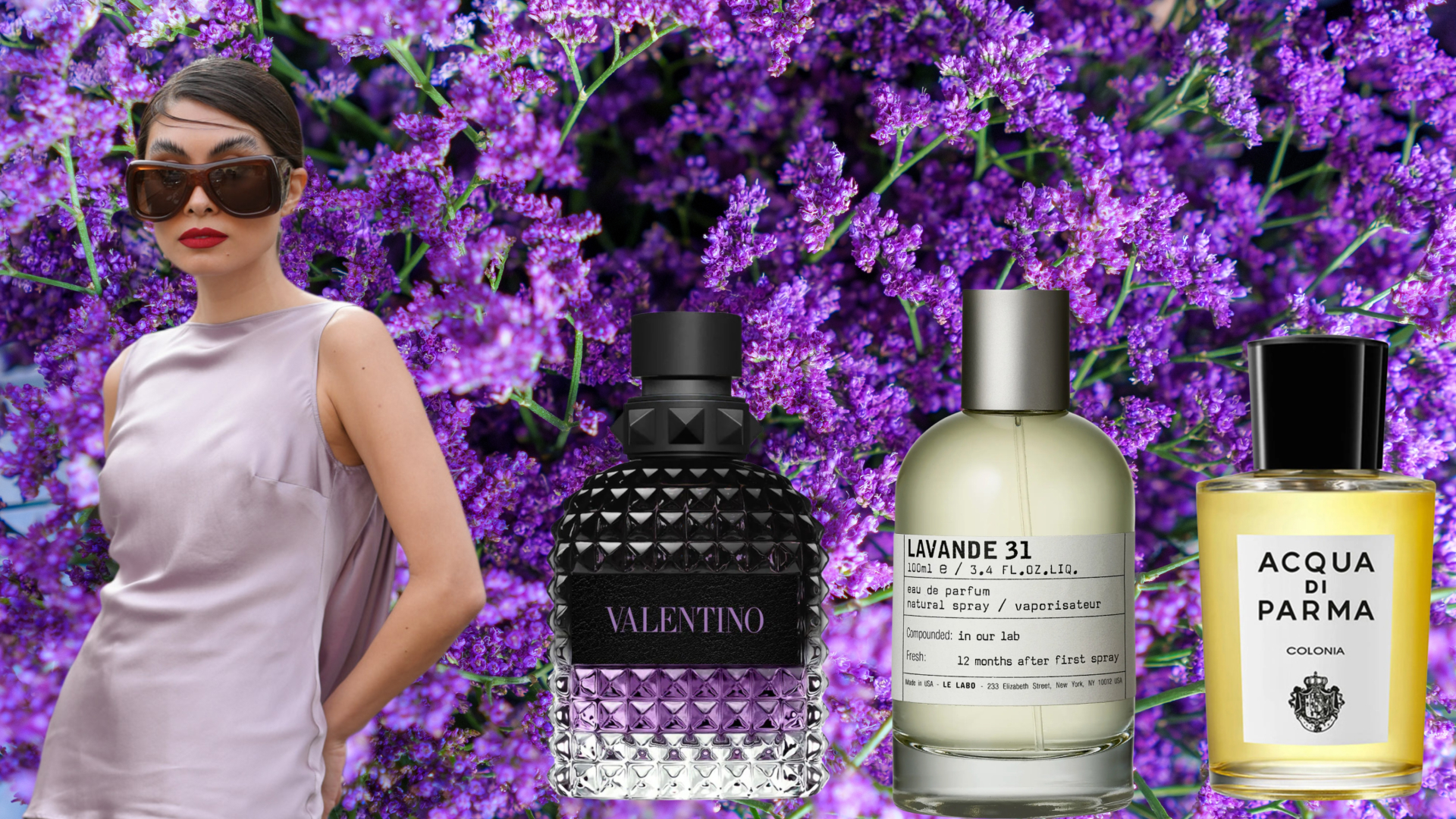 A woman wearing a lavender halter-neck top beside three bottles of perfumes that all feature lavender notes. All of these images are in front of a background that shows lavender flowers.