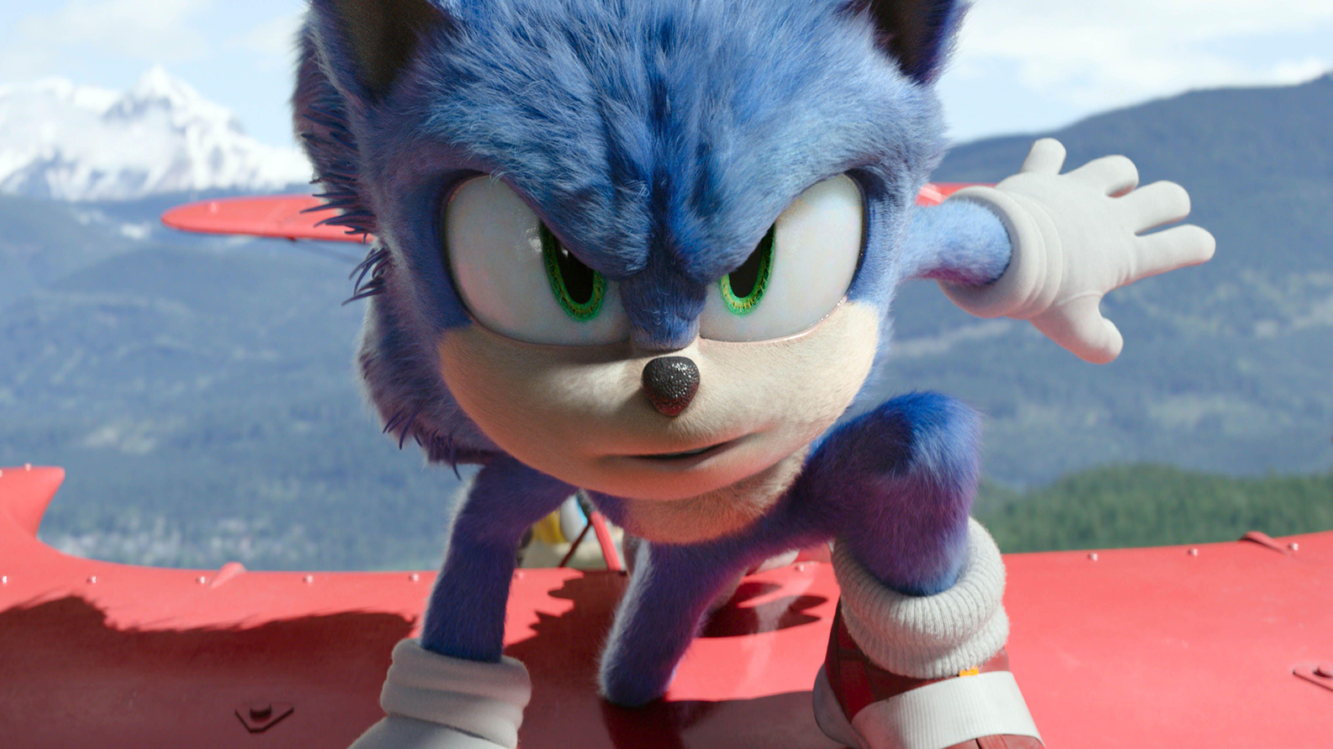 Sonic the Hedgehog stands on a biplane wing in a scene from "Sonic 2"