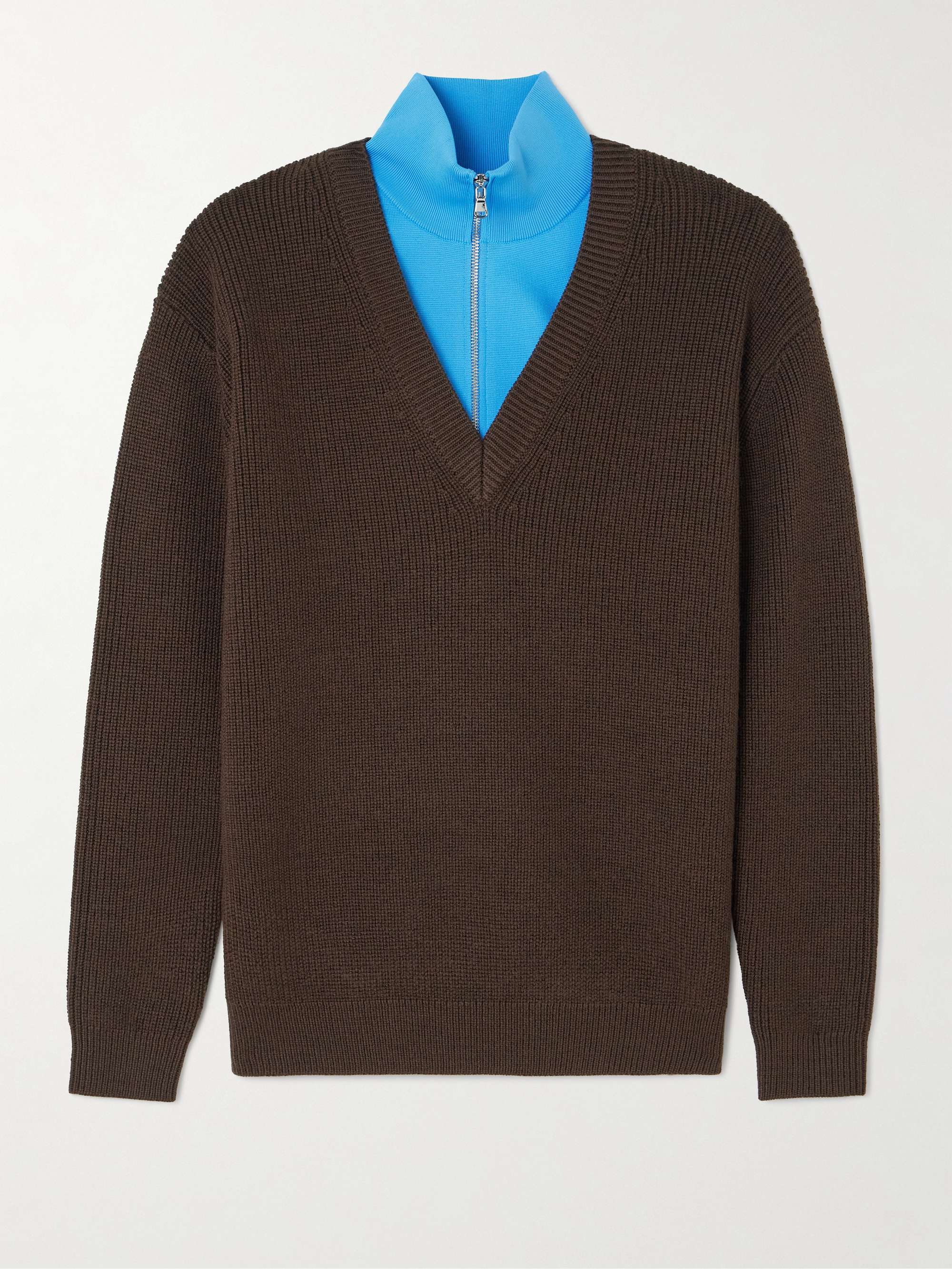 Layered Knit-Trimmed Ribbed Wool-Blend Half-Zip Sweater