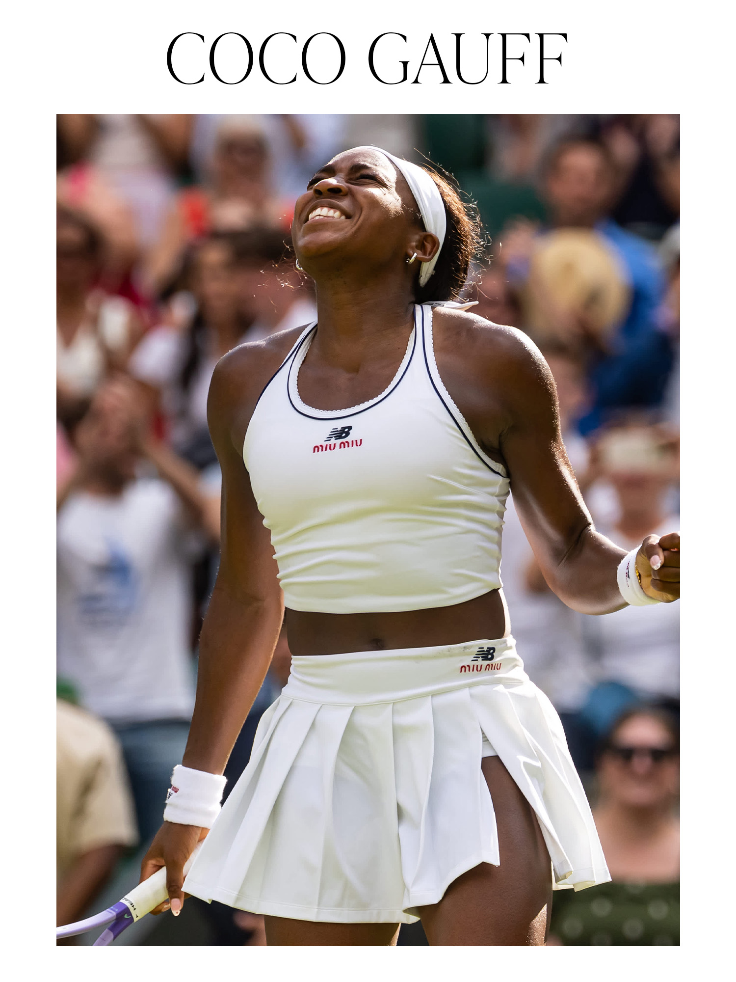 A photo of Coco Gauff wearing a white Miu Miu x New Balance set.