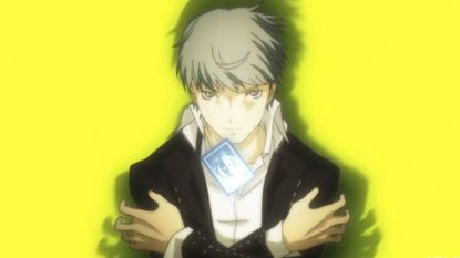 Persona 4 opening movie screenshot shows protagonist Yu with a card floating in front of him.