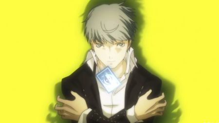 Persona 4 opening movie screenshot shows protagonist Yu with a card floating in front of him.