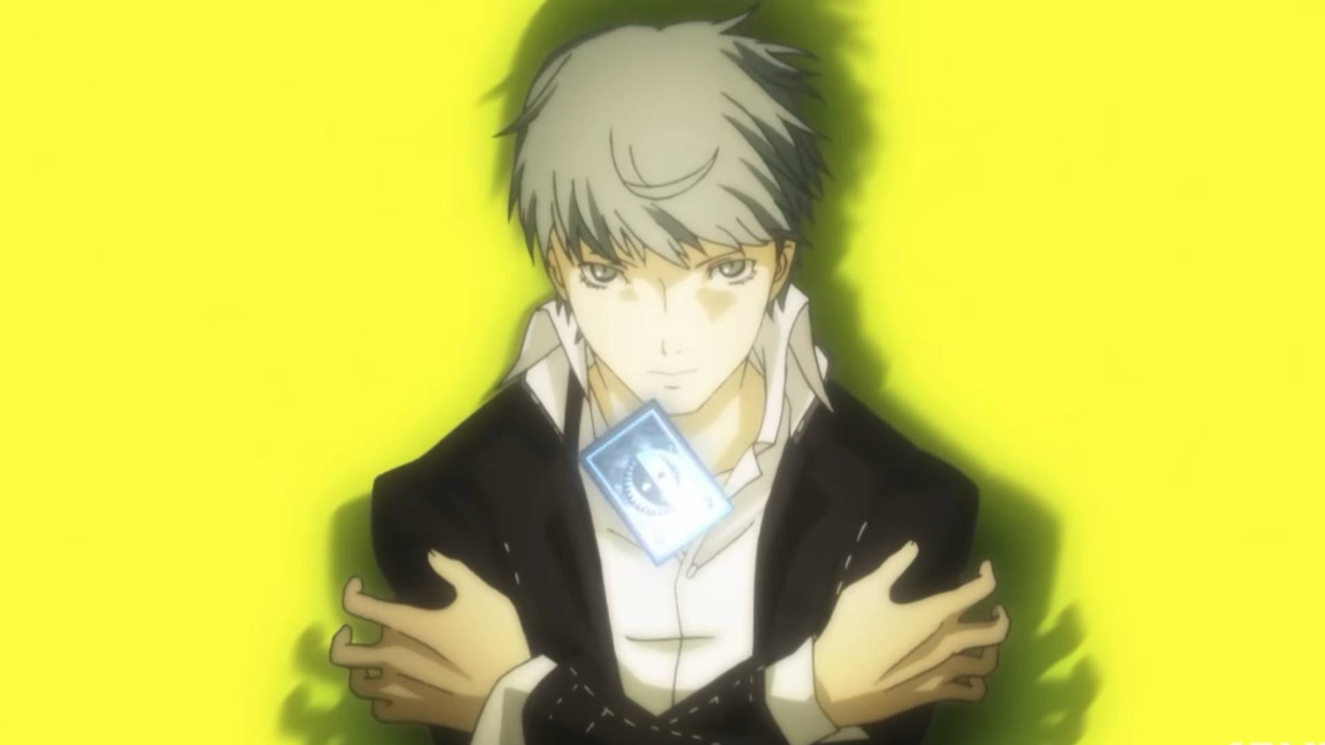 Persona 4 opening movie screenshot shows protagonist Yu with a card floating in front of him.