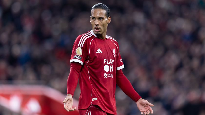 Virgil van Dijk of Liverpool gestures during the Premier League match between Liverpool and Manchester United at Anfield on October 19, 2025 in Liverpool, England. 