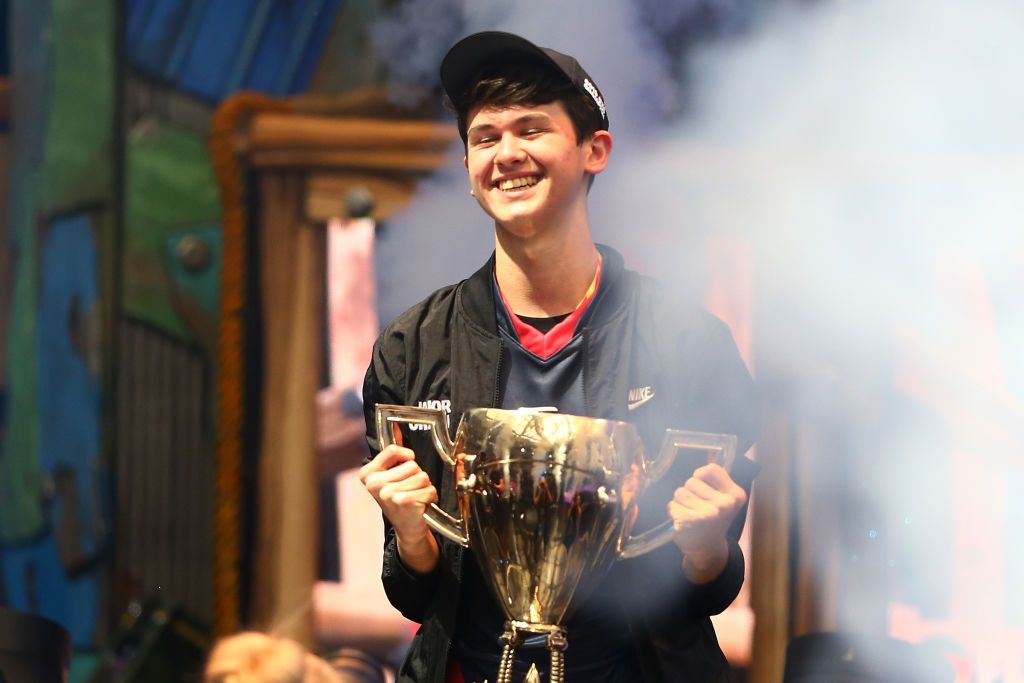Kyle &ldquo;Bugha&rdquo; Giersdorf celebrates after winning the Fortnite World Cup solo final at Arthur Ashe Stadium on July 28, 2019, in New York City.